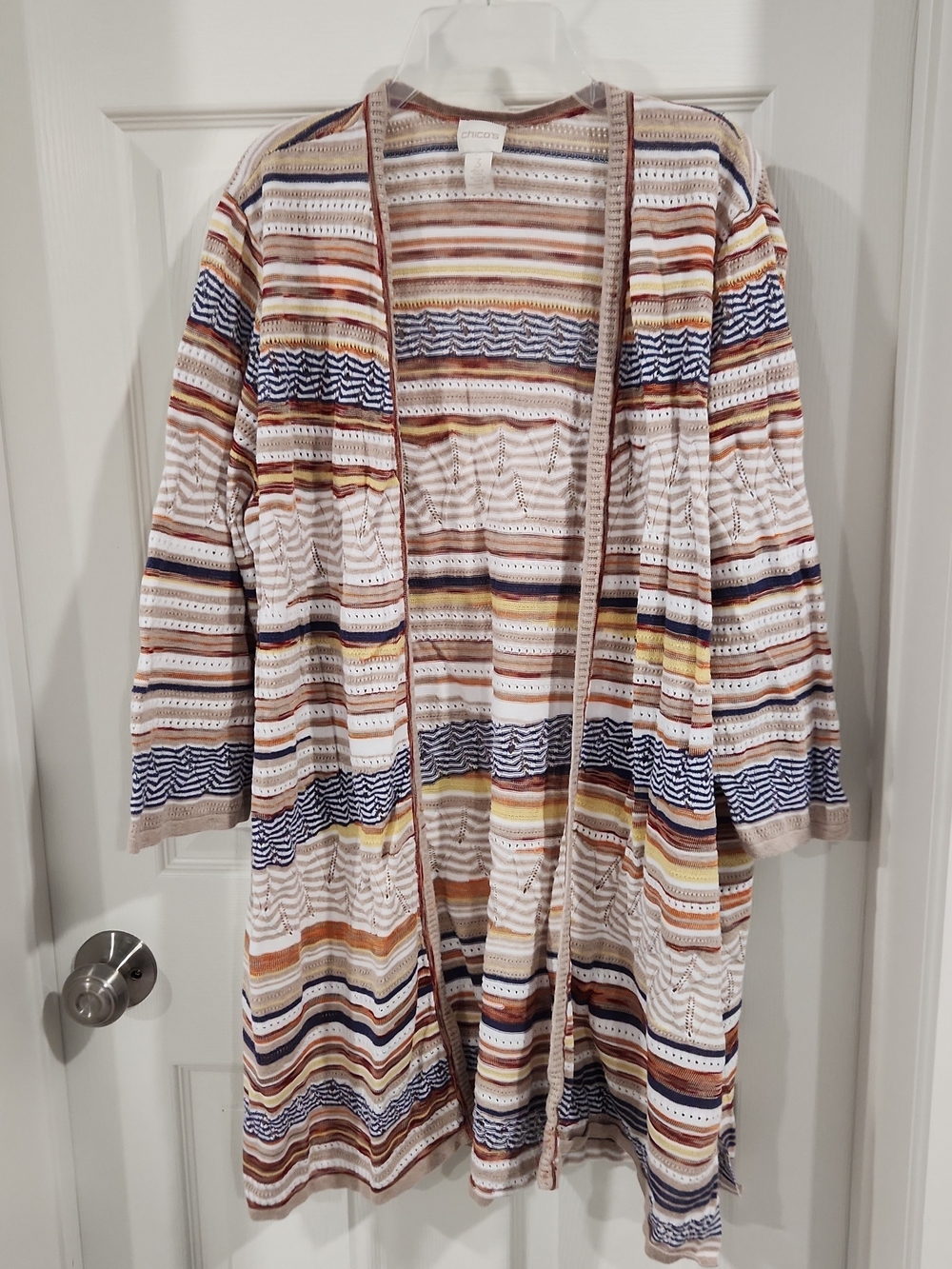 Chico's Colorful Striped Stretch Knit Open Front Cardigan size XL/3 Pointelle